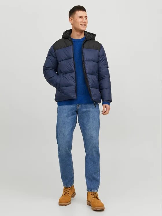 IMG_0613 Jack&Jones pánska prešívaná zateplená bunda s kapucňou čierno modrá – Obrázok 2