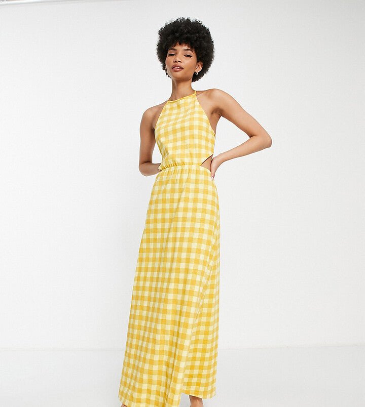 asos-design-tall-halter-maxi-dress-with-open-back-in-yellow-gingham ASOS žlté dlhé dámske šaty – Obrázok 5