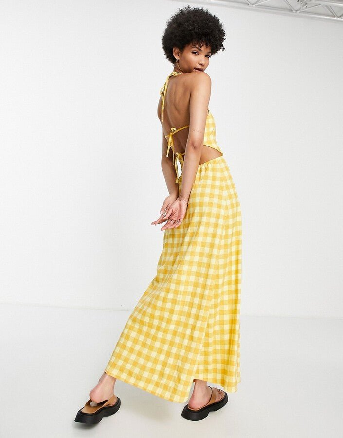 asos-design-tall-halter-maxi-dress-with-open-back-in-yellow-gingham_2 ASOS žlté dlhé dámske šaty – Obrázok 4