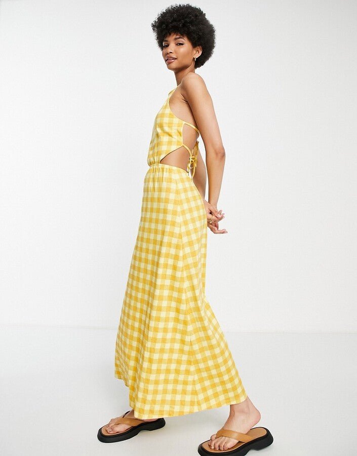 asos-design-tall-halter-maxi-dress-with-open-back-in-yellow-gingham_3 ASOS žlté dlhé dámske šaty – Obrázok 2